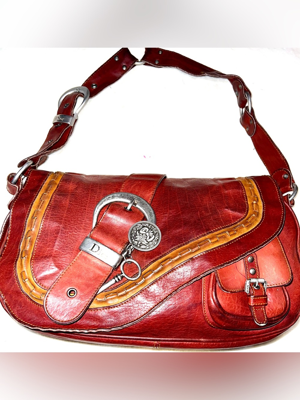 Dior Gaucho Saddle Bag with Tan Trim and Silver Hardware